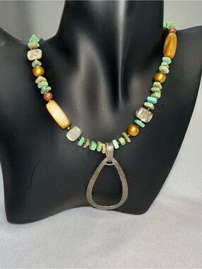 Silpada Turquoise Chip & Bronze Pearl Necklace Sterling Silver Hammered Pendant